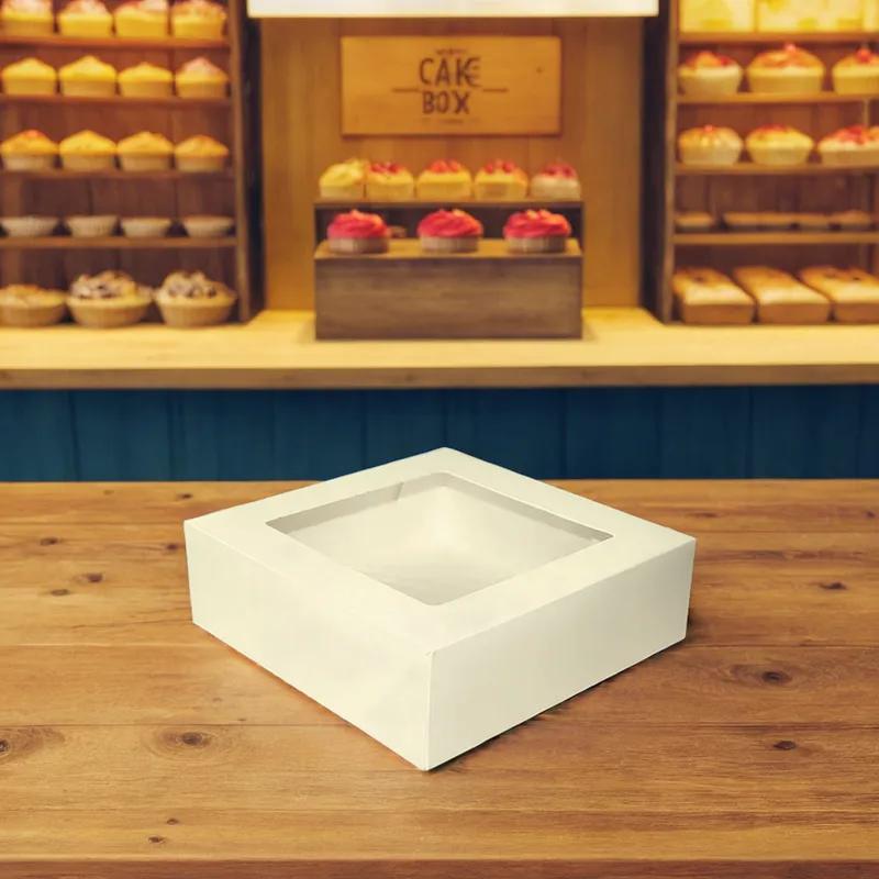 Cake Box 8X8X2.5 IN Paperboard White Square 4 Corner Beers 1-Piece Automatic With Window 200/Case