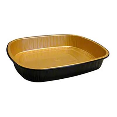 Gourmet-To-Go® Take-Out Container Base & Lid Combo With Plastic Dome Lid 72 OZ Aluminum Black Gold 50/Case