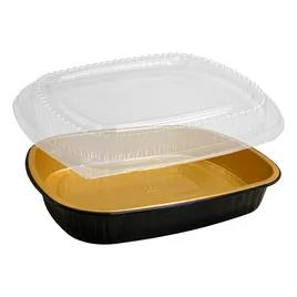 Gourmet-To-Go® Take-Out Container Base & Lid Combo With Plastic Dome Lid 72 OZ Aluminum Black Gold 50/Case