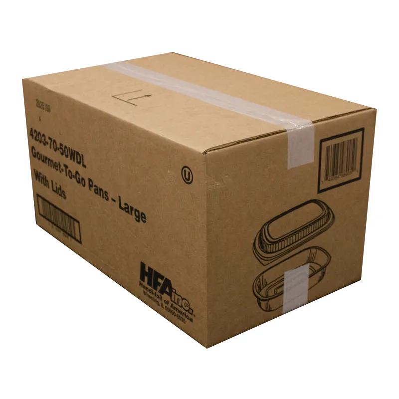 Gourmet-To-Go® Take-Out Container Base & Lid Combo With Plastic Dome Lid 72 OZ Aluminum Black Gold 50/Case