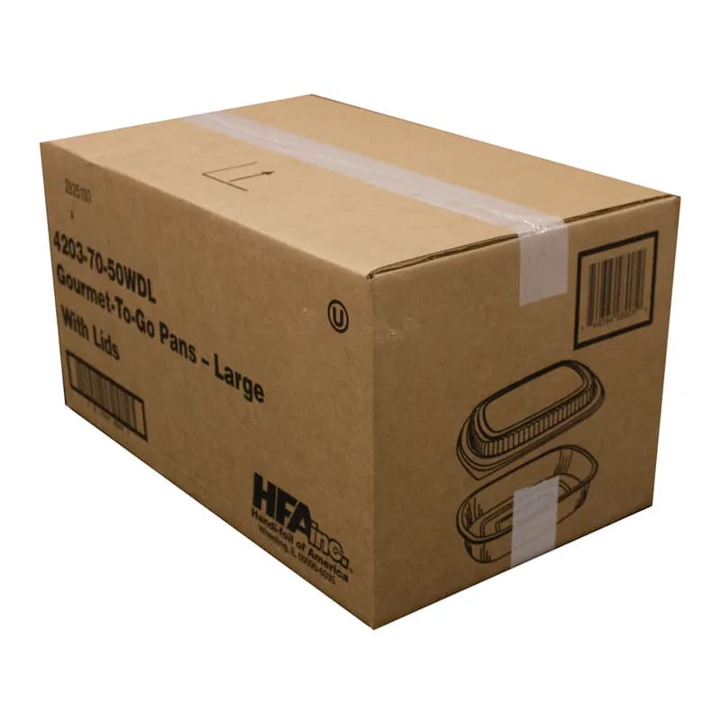 Gourmet-To-Go® Take-Out Container Base & Lid Combo With Plastic Dome Lid 72 OZ Aluminum Black Gold 50/Case