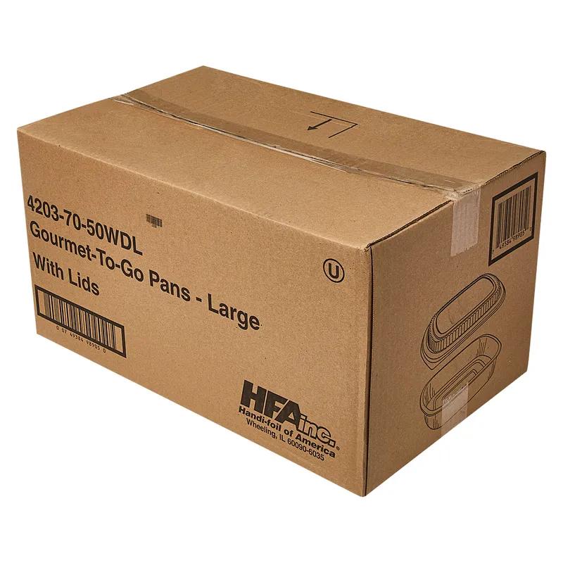 Gourmet-To-Go® Take-Out Container Base & Lid Combo With Plastic Dome Lid 72 OZ Aluminum Black Gold 50/Case