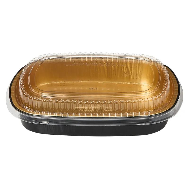Gourmet-To-Go® Take-Out Container Base & Lid Combo With Plastic Dome Lid 72 OZ Aluminum Black Gold 50/Case