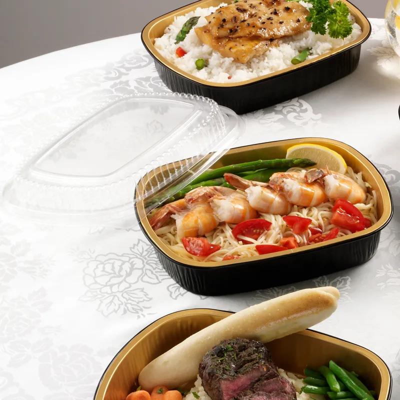 Gourmet-To-Go® Take-Out Container Base & Lid Combo With Plastic Dome Lid 72 OZ Aluminum Black Gold 50/Case