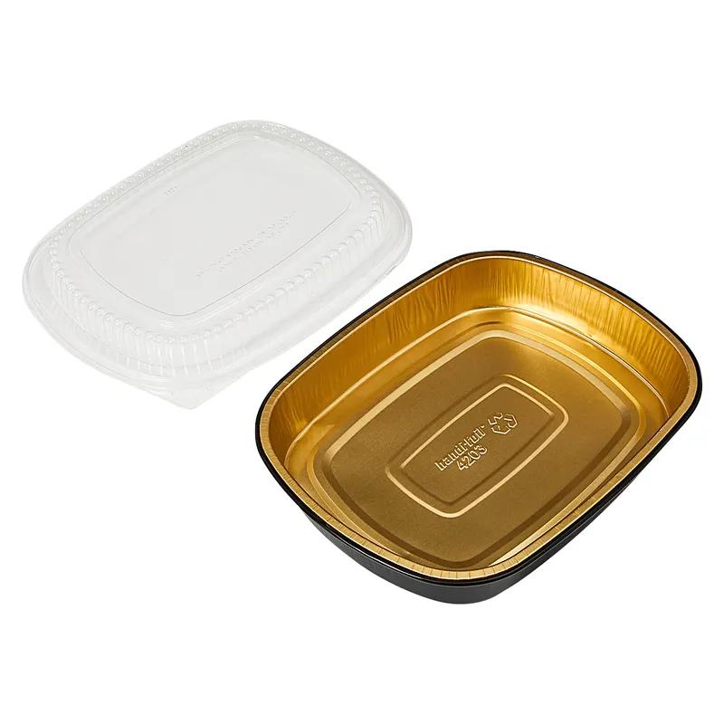 Gourmet-To-Go® Take-Out Container Base & Lid Combo With Plastic Dome Lid 72 OZ Aluminum Black Gold 50/Case