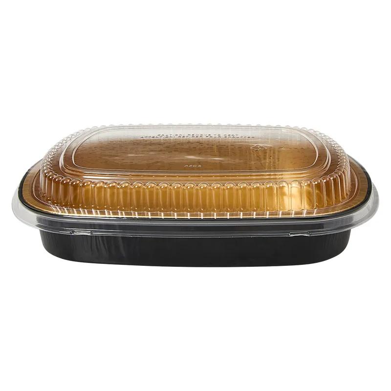 Gourmet-To-Go® Take-Out Container Base & Lid Combo With Plastic Dome Lid 72 OZ Aluminum Black Gold 50/Case