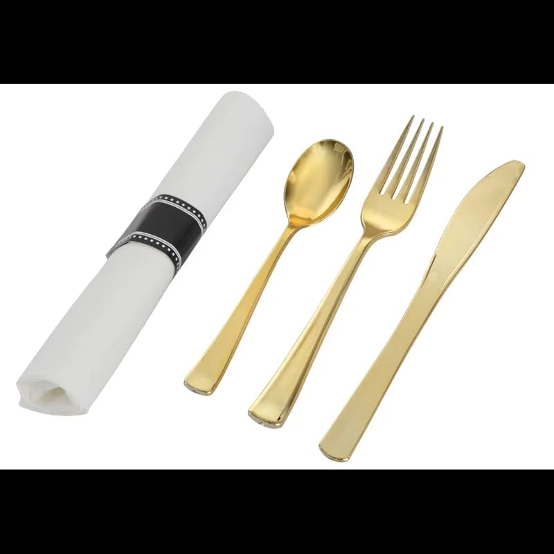 4PC Cutlery Kit Paper Plastic Gold Heavy Duty With Napkin,Fork,Knife,Teaspoon 70/Case