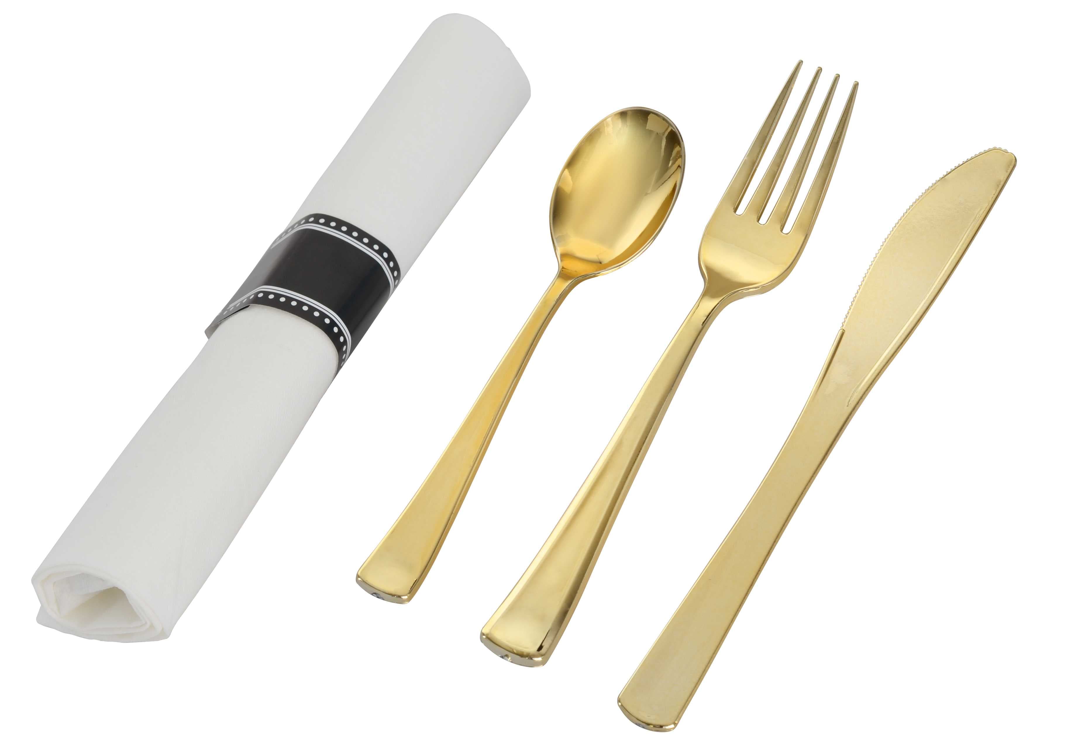 4PC Cutlery Kit Paper Plastic Gold Heavy Duty With Napkin,Fork,Knife,Teaspoon 70/Case