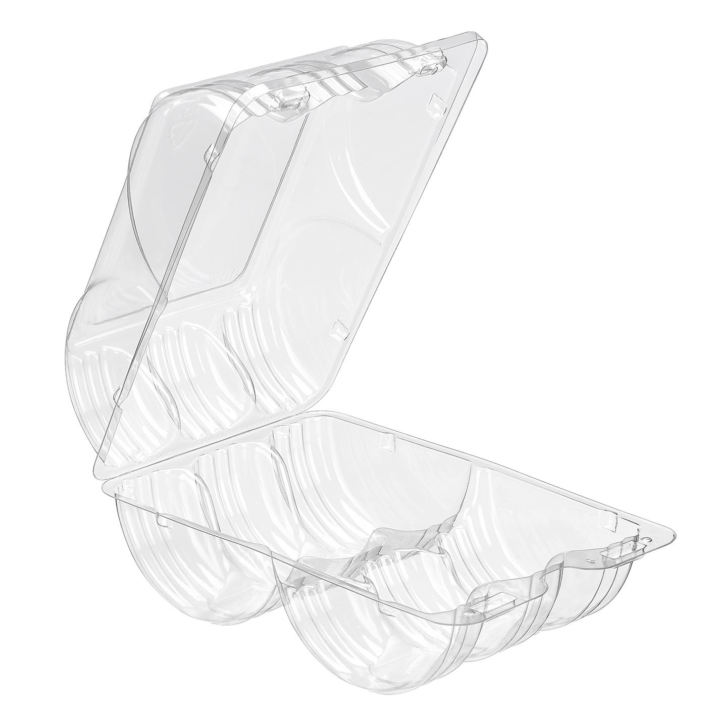 Essentials SureLock Donut Hinged Container With Dome Lid 5X7.75X3.5 IN 6 Compartment RPET Clear Rectangle 192/Case