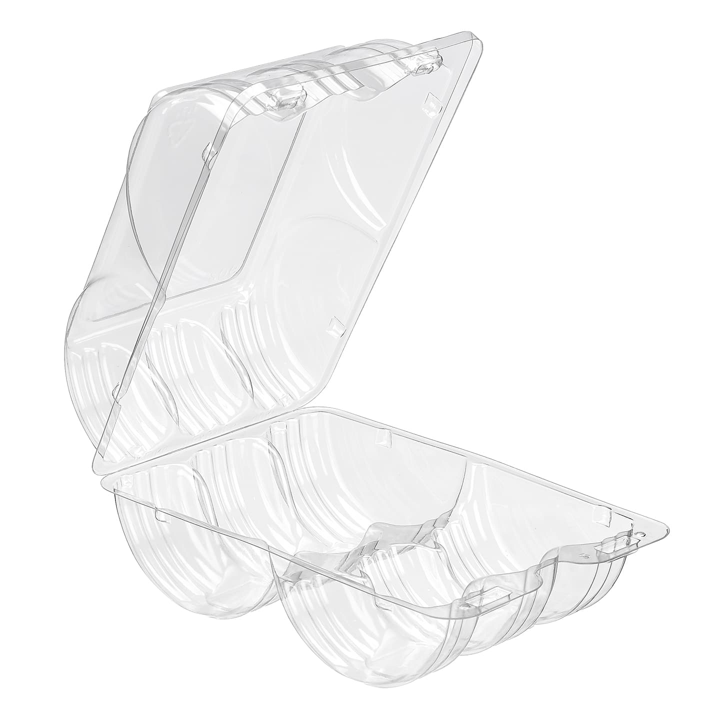 Essentials SureLock Donut Hinged Container With Dome Lid 5X7.5625X3.5625 IN 6 Compartment RPET Clear Rectangle 192/Case