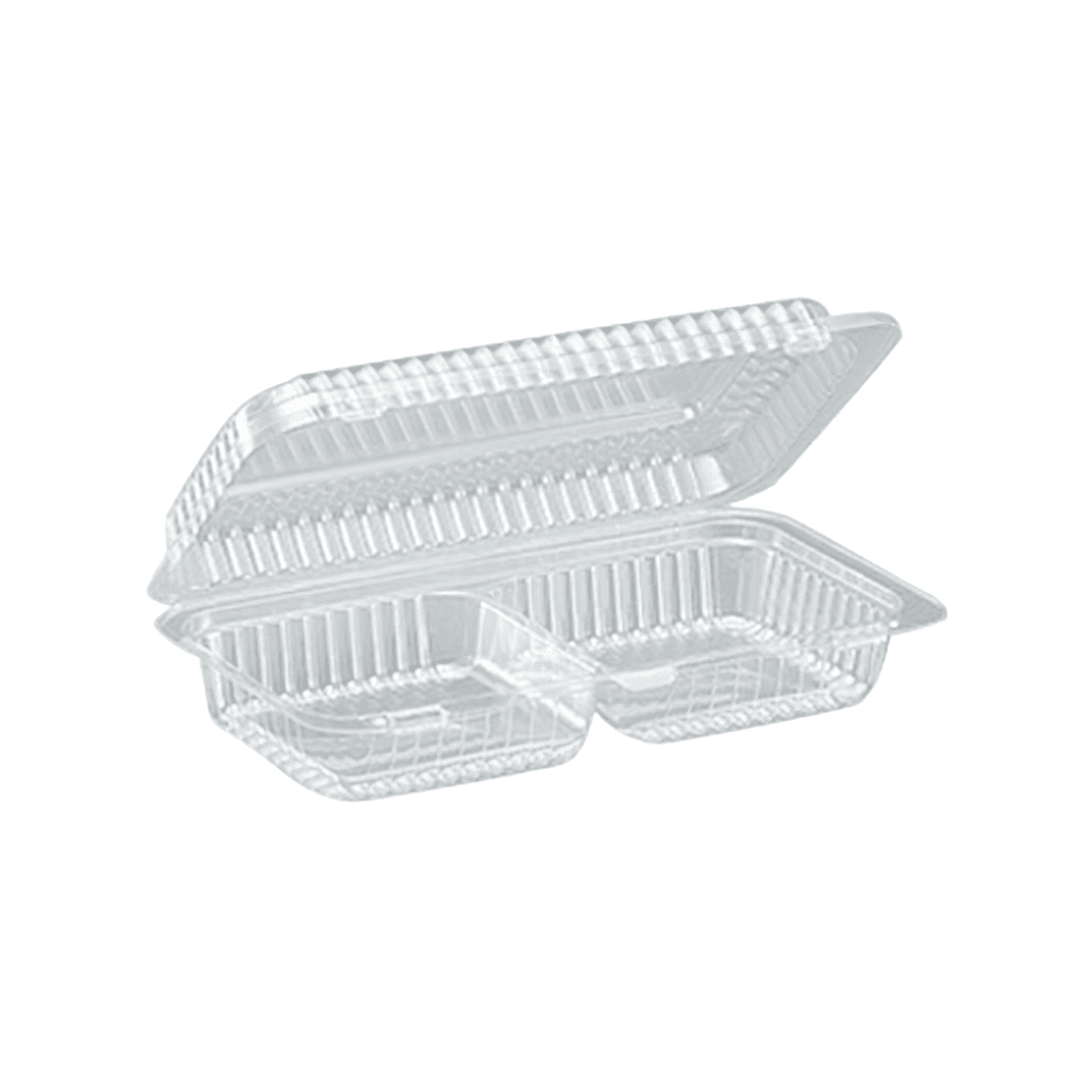 Essentials Take-Out Container Hinged With Dome Lid 4X4X2 IN 2 Compartment RPET Clear Rectangle 300/Case