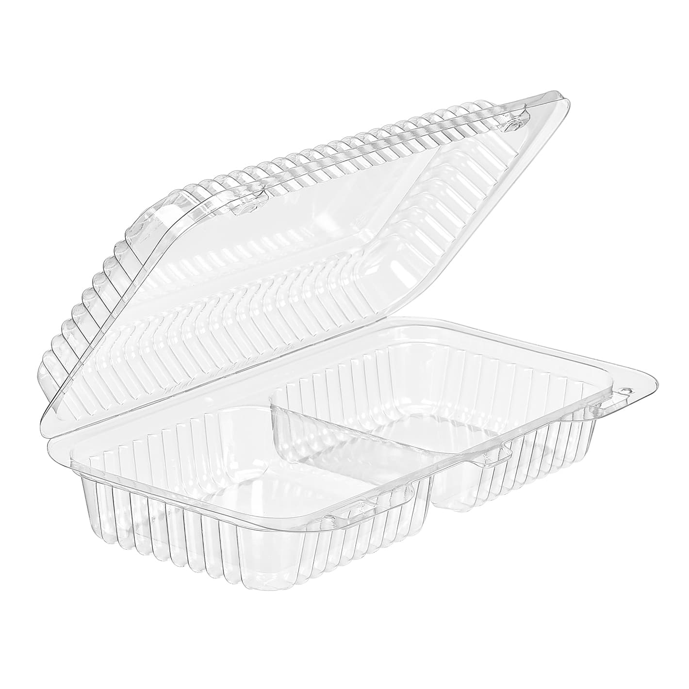 Essentials Take-Out Container Hinged With Dome Lid 8.8125X4.9375X2.3125 IN 2 Compartment RPET Clear Rectangle 300/Case