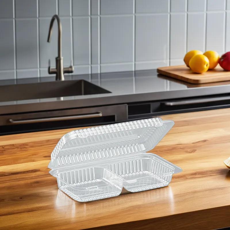 Essentials Take-Out Container Hinged With Dome Lid 4X4X2 IN 2 Compartment RPET Clear Rectangle 300/Case