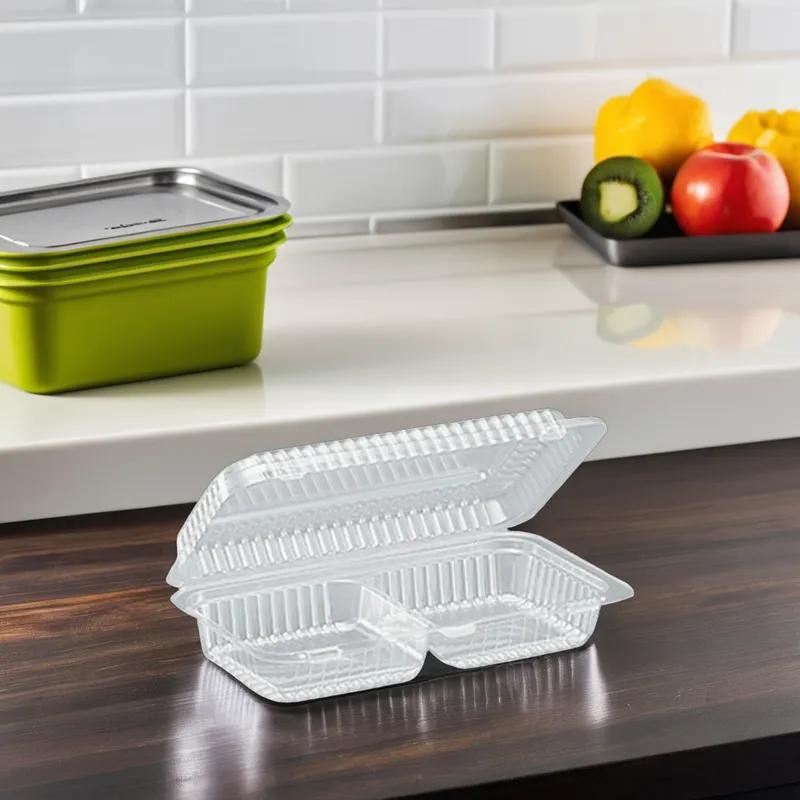 Essentials Take-Out Container Hinged With Dome Lid 4X4X2 IN 2 Compartment RPET Clear Rectangle 300/Case