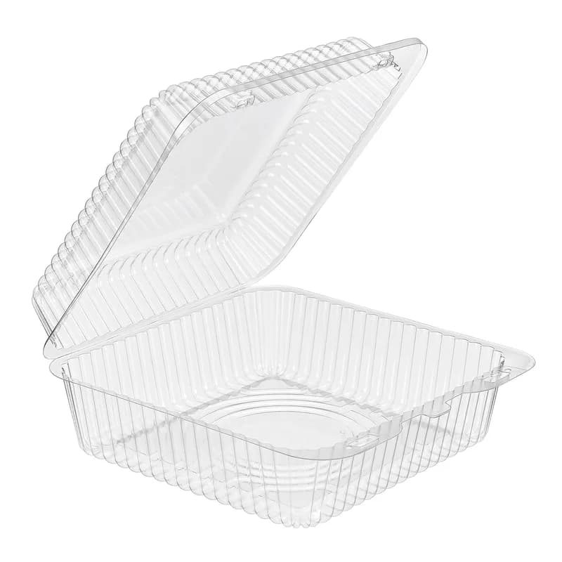 Essentials Take-Out Container Hinged With Dome Lid 8.25X8.75X3.5 IN RPET Clear Square Deep Bar Lock 200/Case