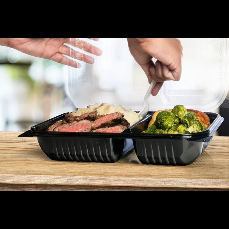 Solo® Creative Carryouts® BoxLine™ Take-Out Container Hinged 11.5X8.05X2.95 IN 2 Compartment PS Black Clear 100/Case