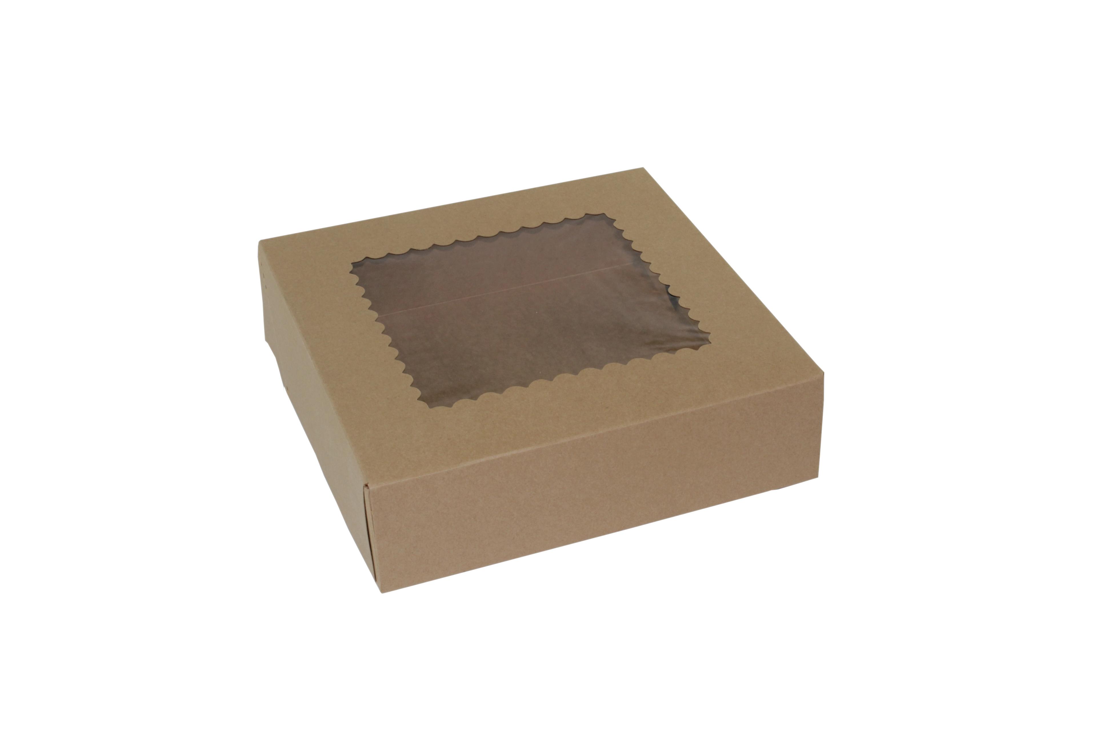 Bakery Box 9X9X2.5 IN Paperboard Kraft 4 Corner 1-Piece Automatic With Window 250/Bundle
