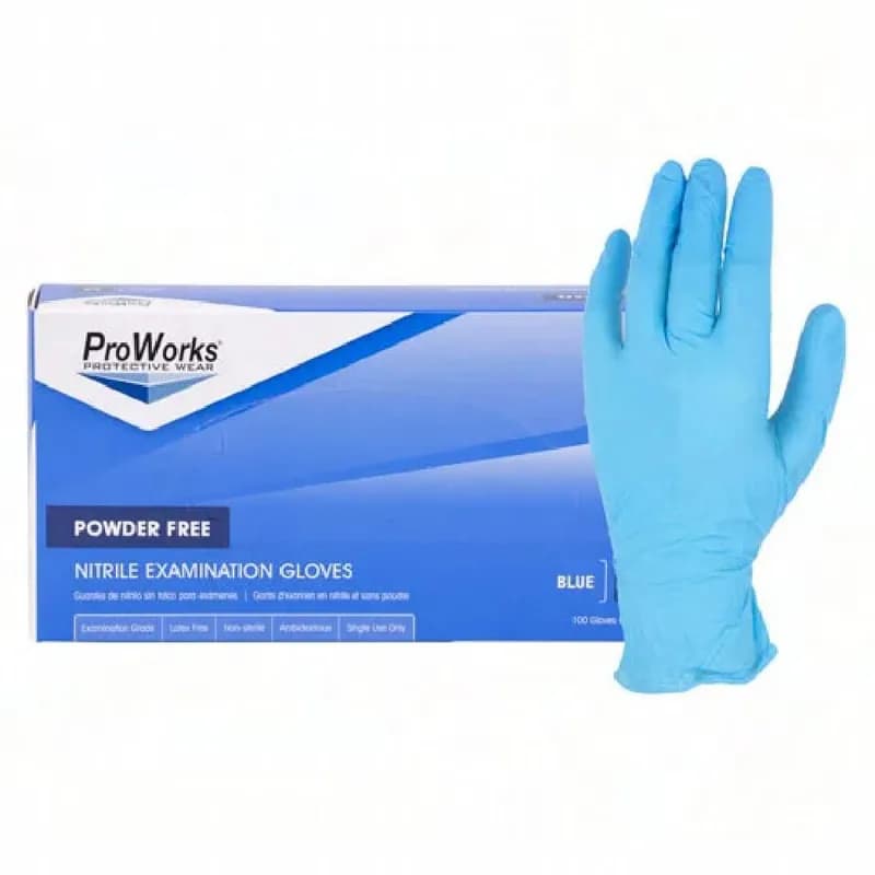 ProWorks® Exam Gloves Large (LG) Blue 4MIL Nitrile Powder-Free Textured Fingertips Beaded Cuff 100 Count/Box 10 Box/Case