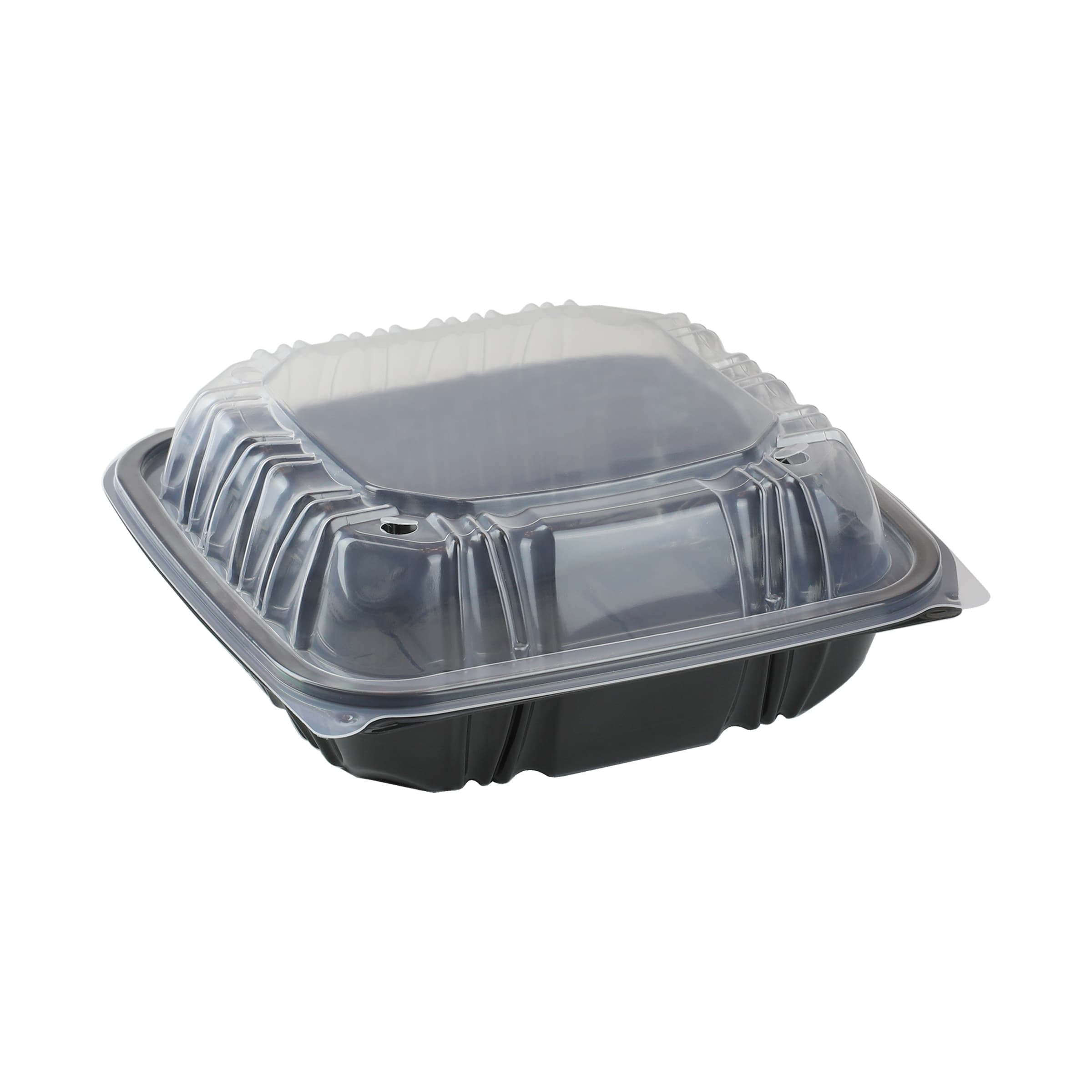 Take-Out Container Hinged 8.5X8.6X3.1 IN PP Black Clear Square Microwave Safe Vented 150/Case