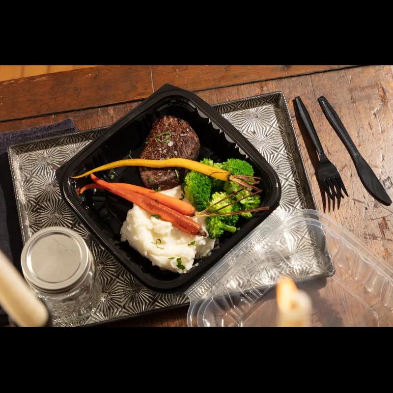 Take-Out Container Hinged 8.5X8.6X3.1 IN PP Black Clear Square Microwave Safe Vented 150/Case