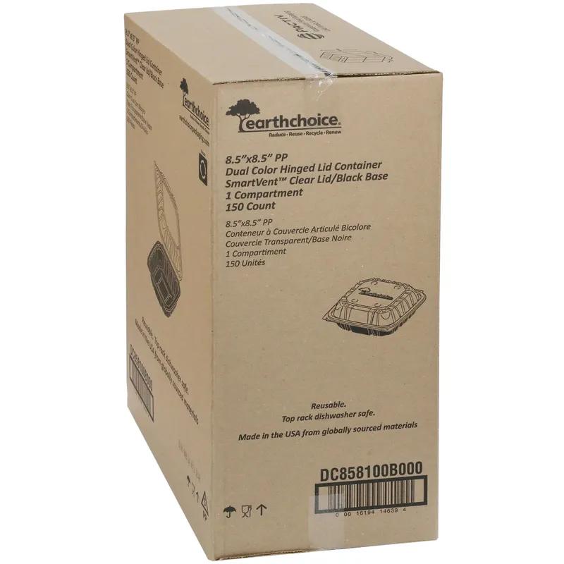 Take-Out Container Hinged 8.5X8.6X3.1 IN PP Black Clear Square Microwave Safe Vented 150/Case