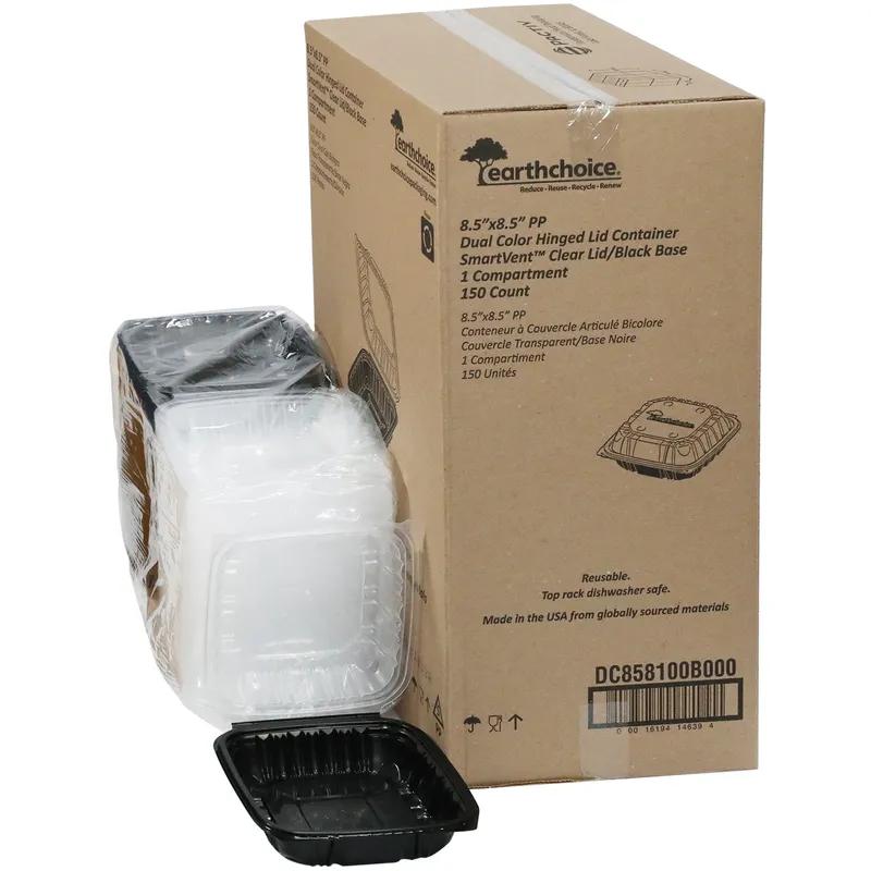 Take-Out Container Hinged 8.5X8.6X3.1 IN PP Black Clear Square Microwave Safe Vented 150/Case