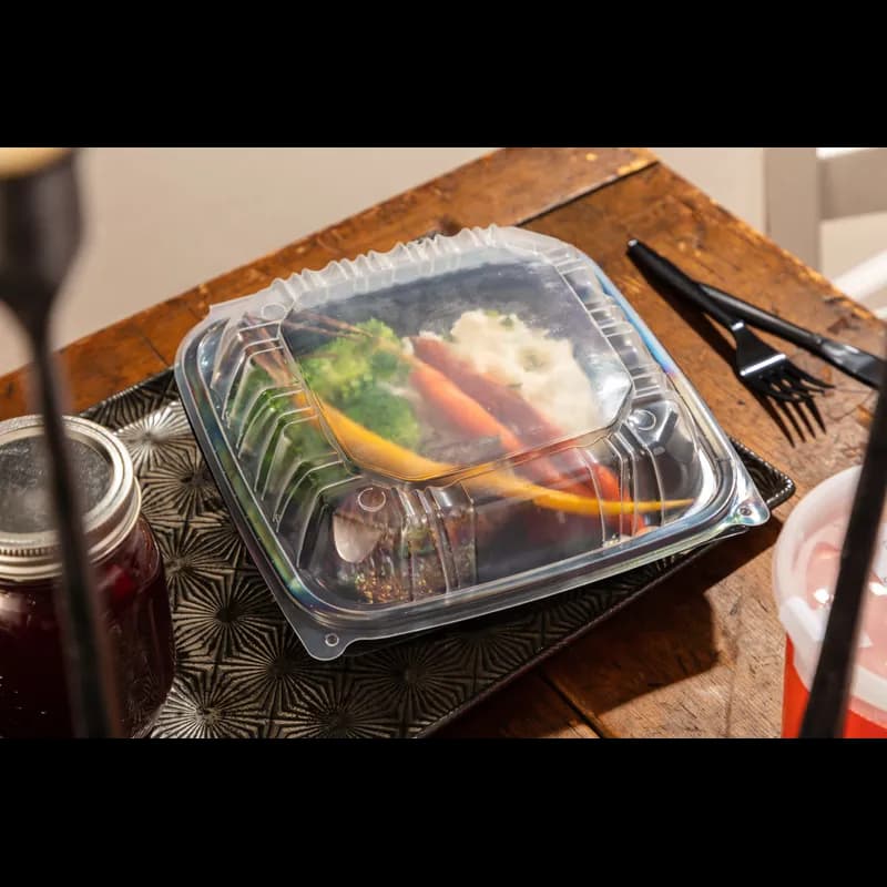 Take-Out Container Hinged 8.5X8.6X3.1 IN PP Black Clear Square Microwave Safe Vented 150/Case