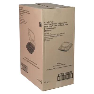 Take-Out Container Hinged 8.5X8.6X3.1 IN PP Black Clear Square Microwave Safe Vented 150/Case