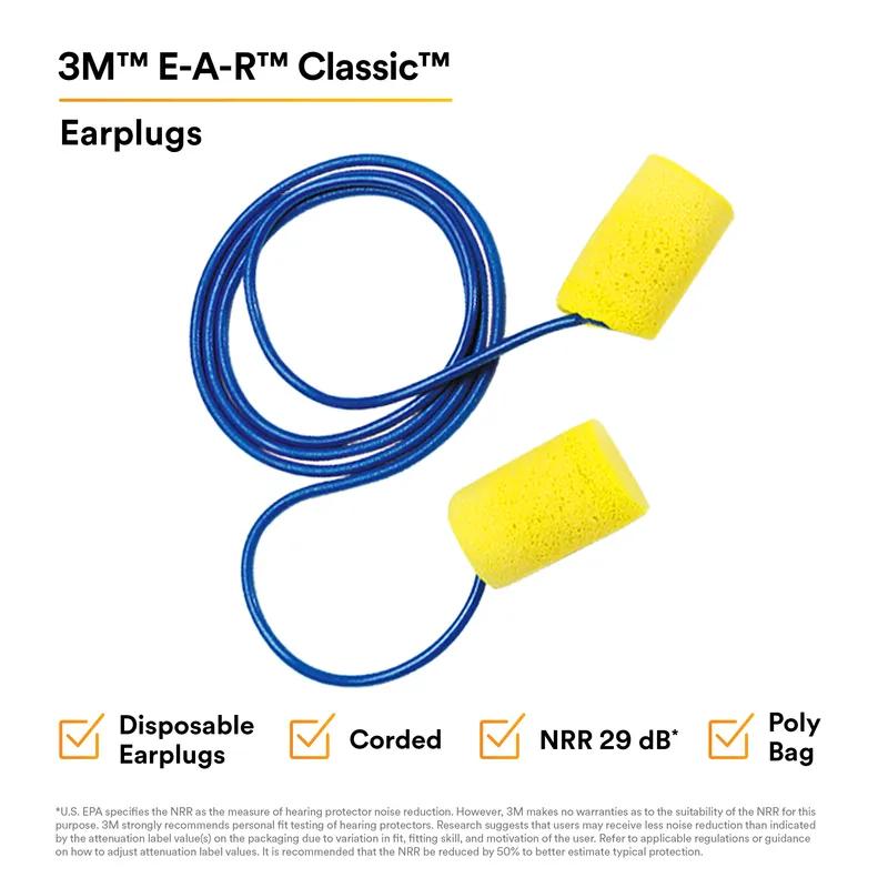 3M™ Classic 311-1101 Ear Plugs Yellow Blue Cylinder Foam Vinyl Corded 2000/Case