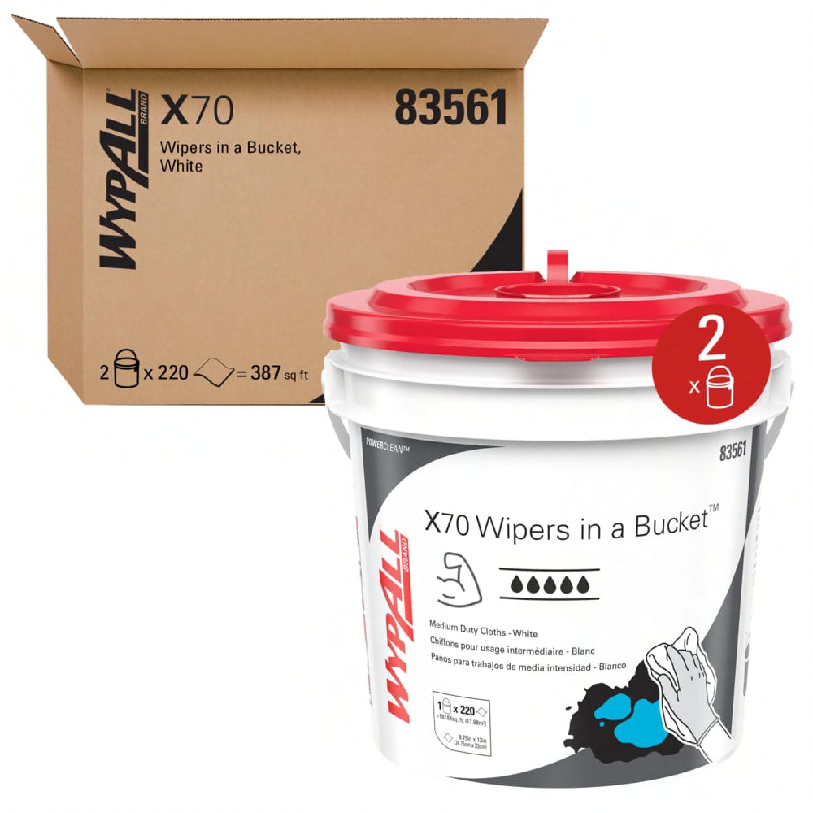 WypAll® PowerClean™ X70 Wipe Dispenser Kit 9.75X13 IN Medium Duty Bucket 220 Sheets/Roll 2 Rolls/Case 440 Sheets/Case