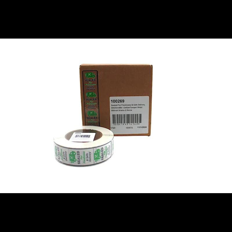 Sealed For Freshness & Safe Delivery Deli 1.5X6 IN White Green Black With Tamper Strip 500 Count/Roll 5 Rolls/Case