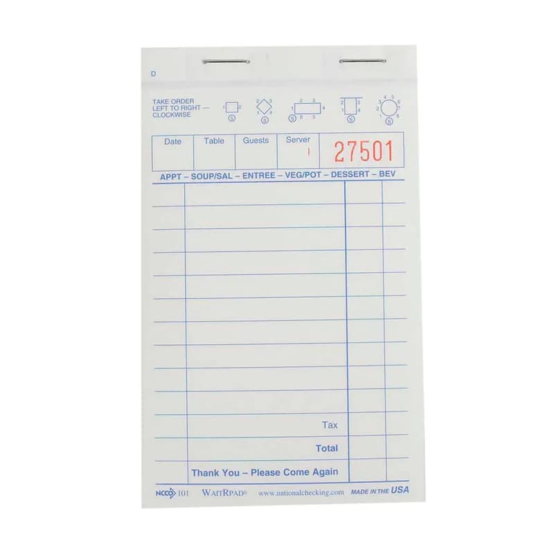 Guest Check 3.25X5.63 IN 2-Point Booked Carbonless 50 Count/Box 100 Box/Case 5000 Count/Case