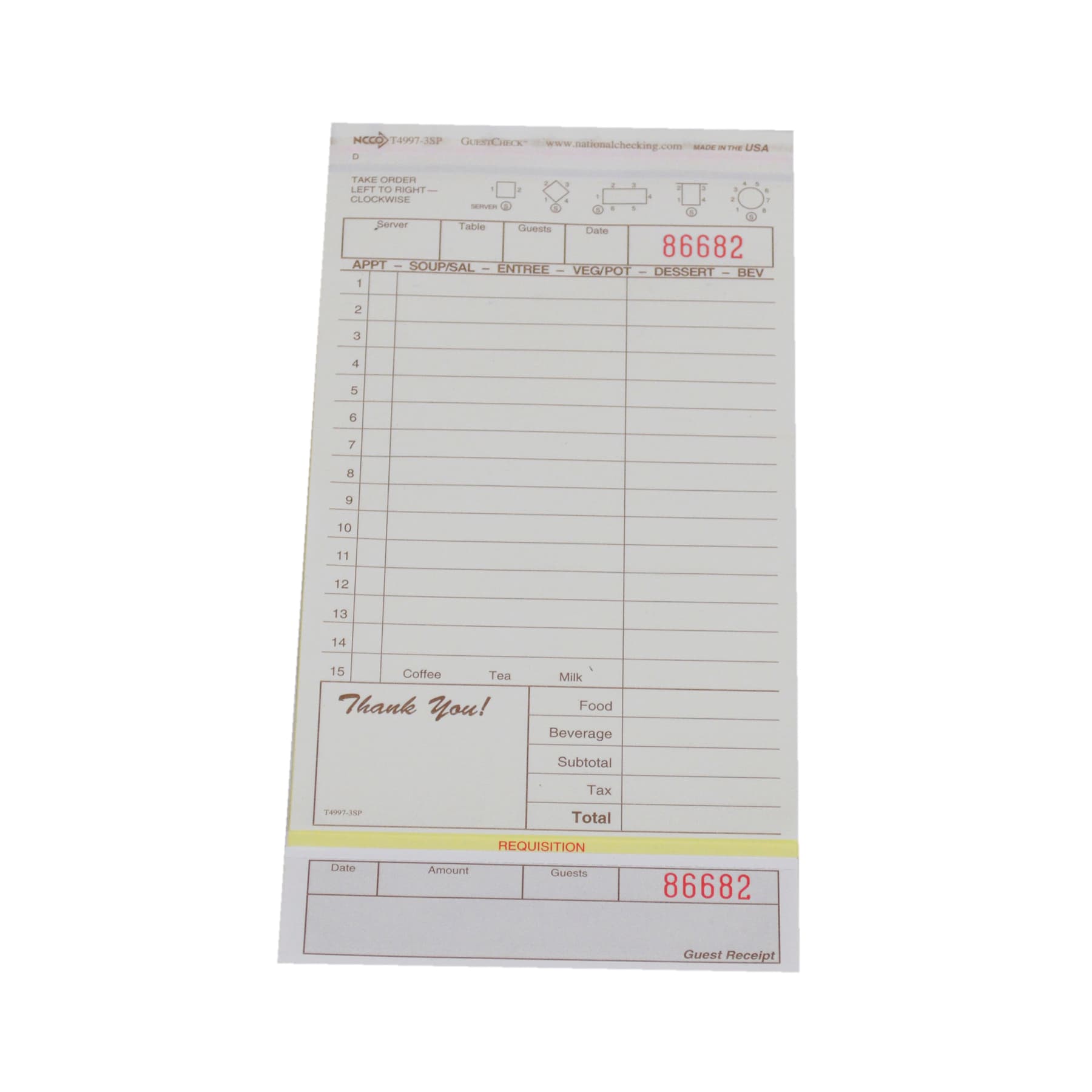 Guest Check 4.25X8.5 IN 3-Point Loose Carbonless 2000 Count/Case 2 Cases/Pallet