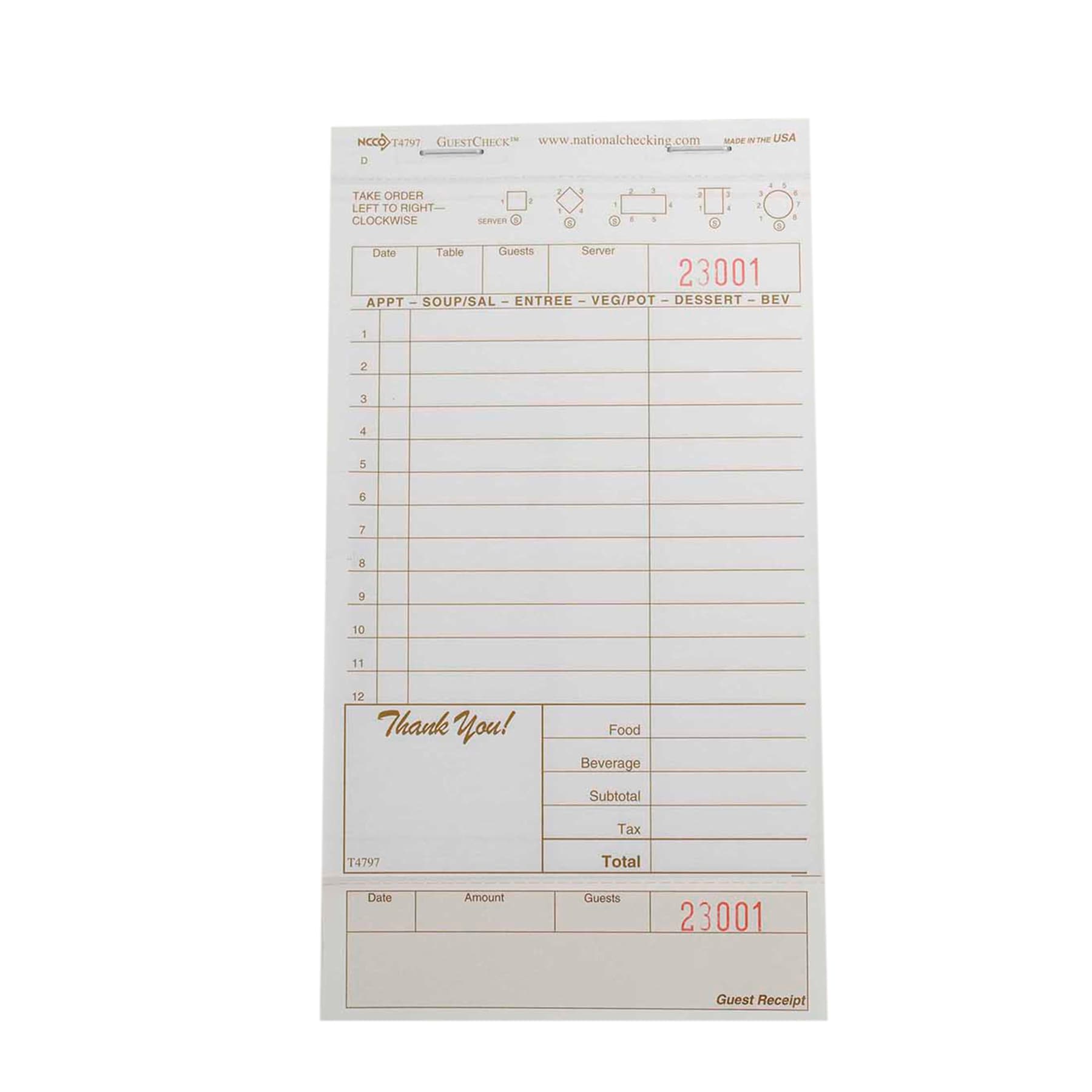 Guest Check 4.25X7.75 IN Tan Carbonless Medium-Wide Booked 2-Part 50 Sheets/Pack 40 Packs/Case 2000 Count/Case