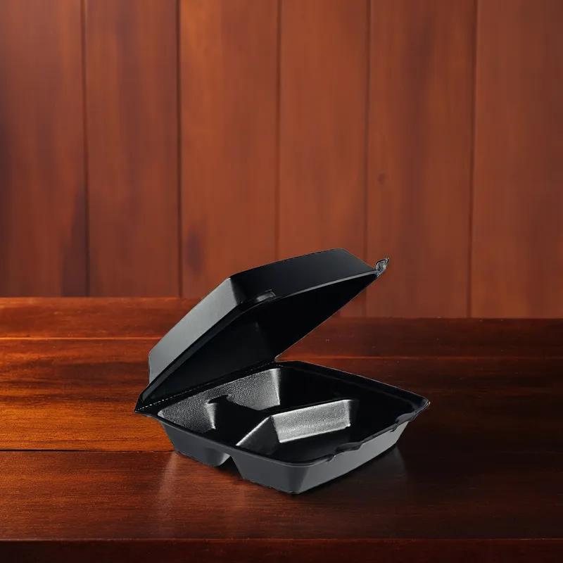 Take-Out Container Hinged Medium (MED) 8X8X3 IN 3 Compartment Foam Black 200/Case