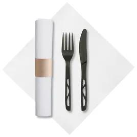 CaterWrap® 3PC Cutlery Kit Kraft Paper Plastic Black Pre-Rolled With White 7.75X7.75 Napkin,Fork,Knife 50/Case
