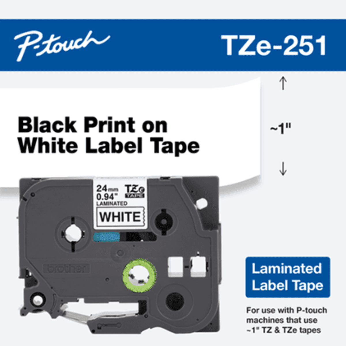 TZE Label Tape 0.94IN X26.2FT Black on White Standard Adhesive 1/Each