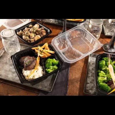 Take-Out Container Hinged With Dome Lid 10.5X9.5X3.1 IN 3 Compartment PP Black Clear Rectangle 132/Case