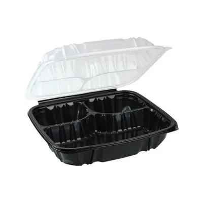 Take-Out Container Hinged With Dome Lid 10.5X9.5X3.1 IN 3 Compartment PP Black Clear Rectangle 132/Case