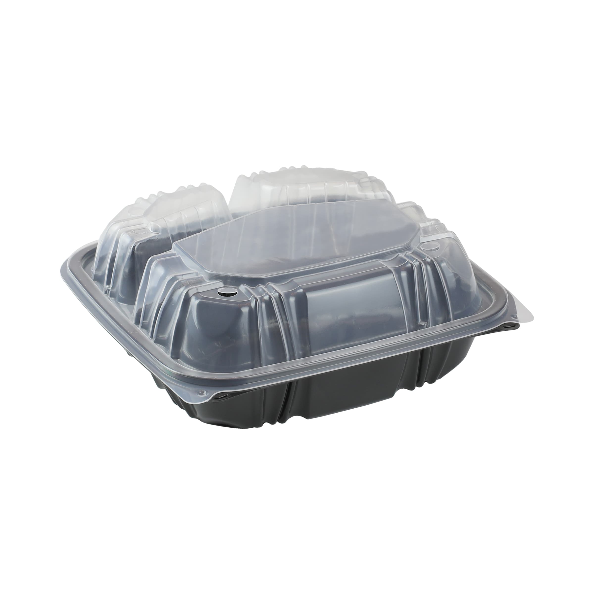 Take-Out Container Hinged With Dome Lid 8.5X8.6X3.1 IN 3 Compartment PP Black Clear Square 150/Case