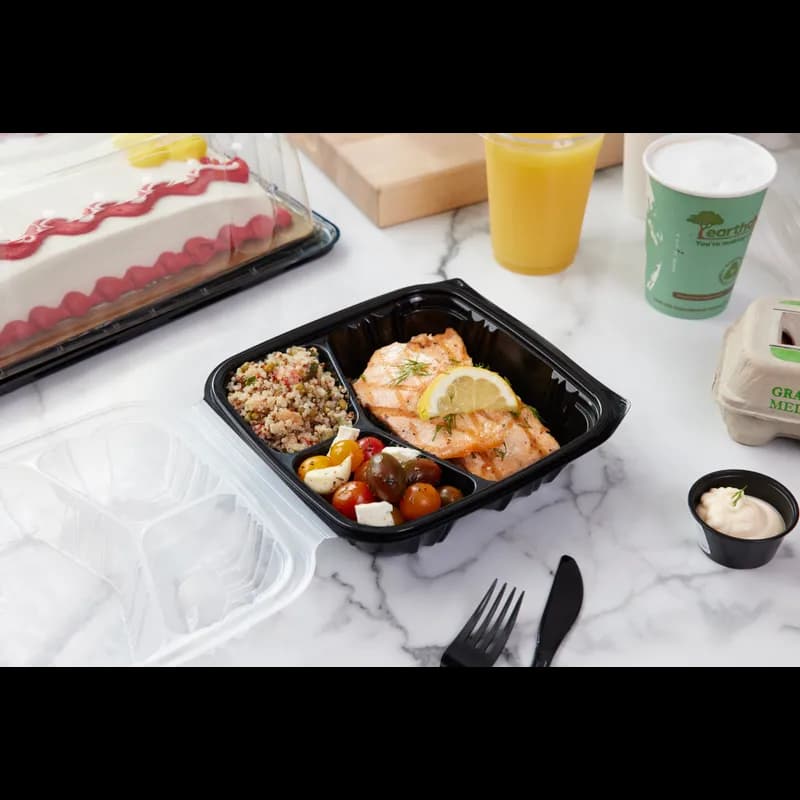 Take-Out Container Hinged With Dome Lid 8.5X8.6X3.1 IN 3 Compartment PP Black Clear Square 150/Case