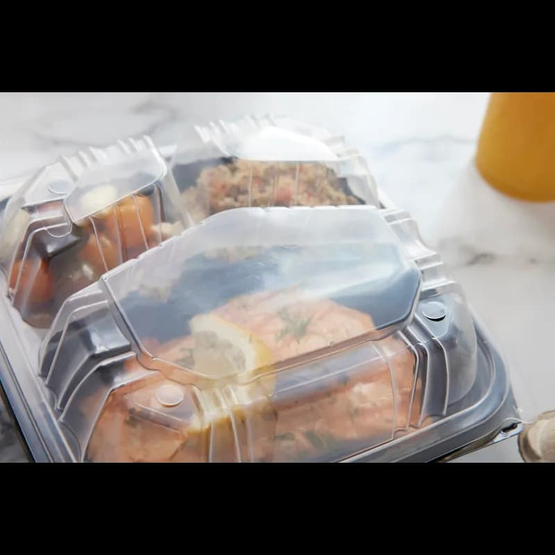 Take-Out Container Hinged With Dome Lid 8.5X8.6X3.1 IN 3 Compartment PP Black Clear Square 150/Case