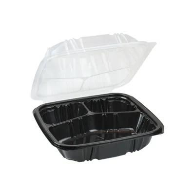 Take-Out Container Hinged With Dome Lid 8.5X8.6X3.1 IN 3 Compartment PP Black Clear Square 150/Case