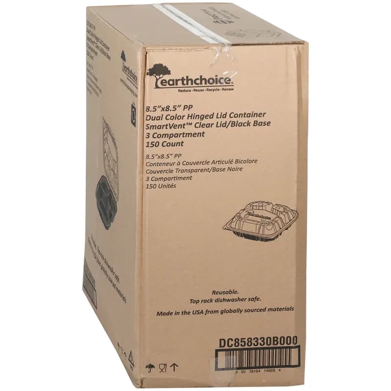 Take-Out Container Hinged With Dome Lid 8.5X8.6X3.1 IN 3 Compartment PP Black Clear Square 150/Case