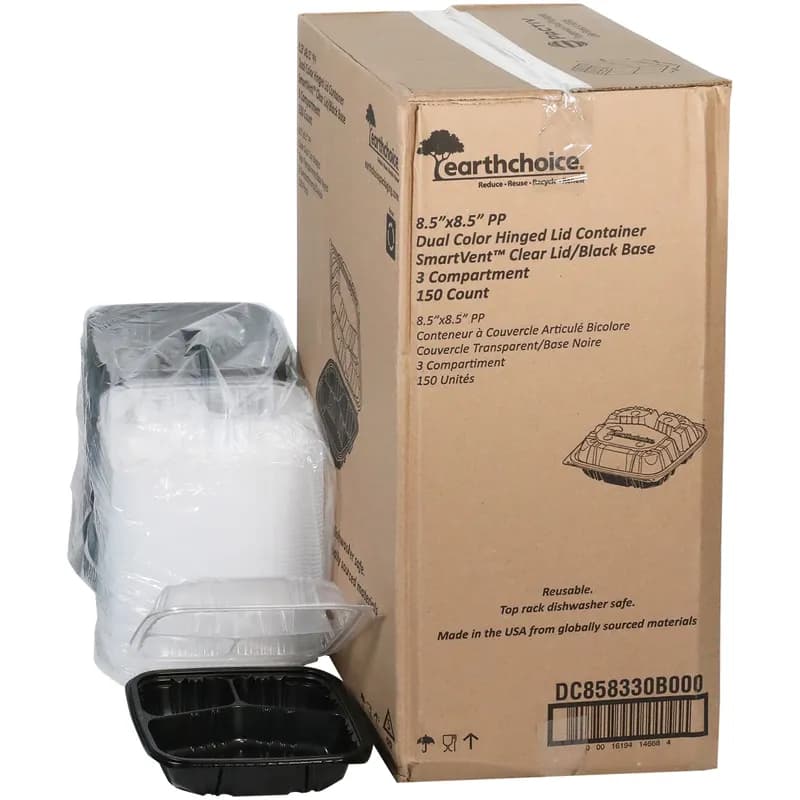 Take-Out Container Hinged With Dome Lid 8.5X8.6X3.1 IN 3 Compartment PP Black Clear Square 150/Case