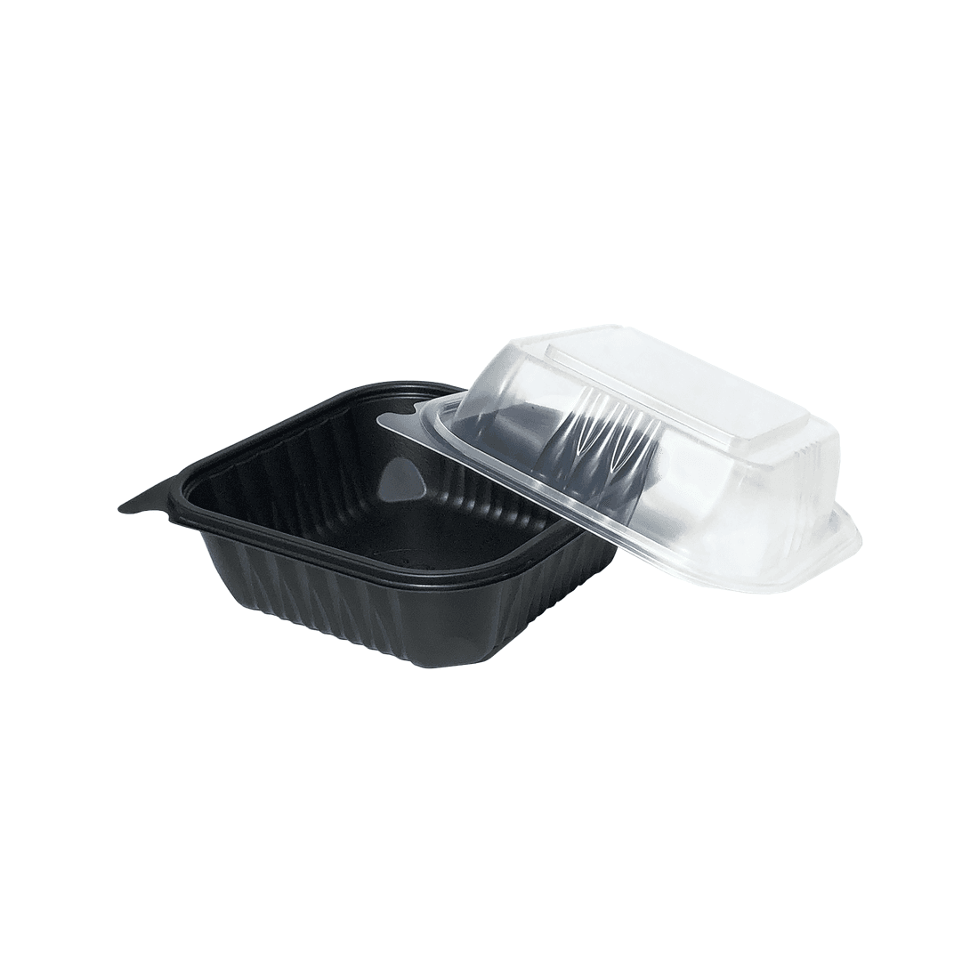 Pebble Box Take-Out Container Base & Lid Combo 6X6X3.25 IN PP Black Clear Square 320/Case