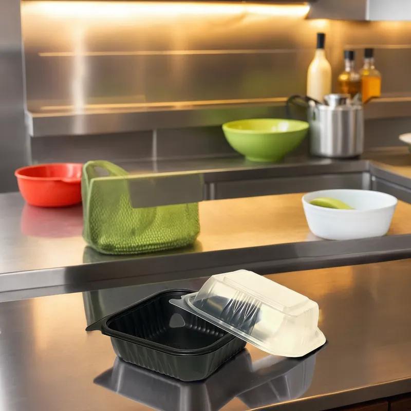 Pebble Box Take-Out Container Base & Lid Combo 6X6X3.25 IN PP Black Clear Square 320/Case