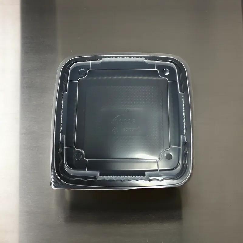 Pebble Box Take-Out Container Base & Lid Combo 9X9X3 IN PP Black Clear Square Microwave Safe Grease Resistant 150/Case