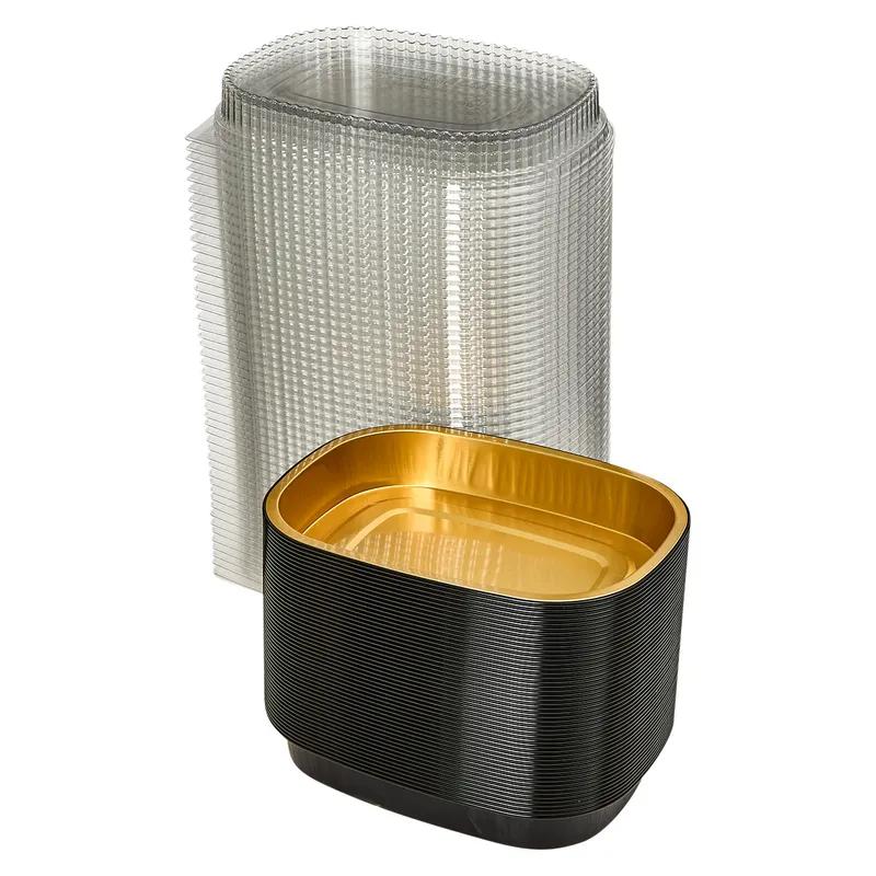 Victoria Bay Take-Out Container Base & Lid Combo With Dome Lid Small (SM) 22 OZ 8.115X6.125X1.75 IN Aluminum Plastic Black Gold Clear 100/Case