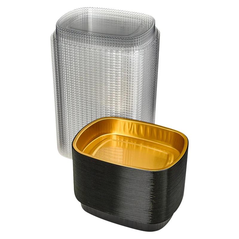 Victoria Bay Take-Out Container Base & Lid Combo With Dome Lid Medium (MED) 52 OZ 9.75X7.75X1.75 IN Aluminum Plastic Black Gold Clear 50/Case